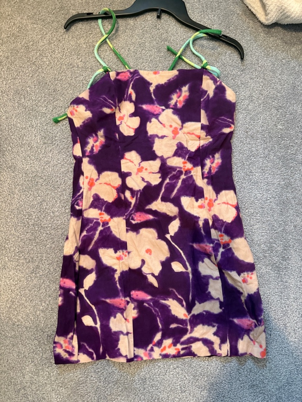 Zara Purple and Cream Floral Mini Dress with Green Straps